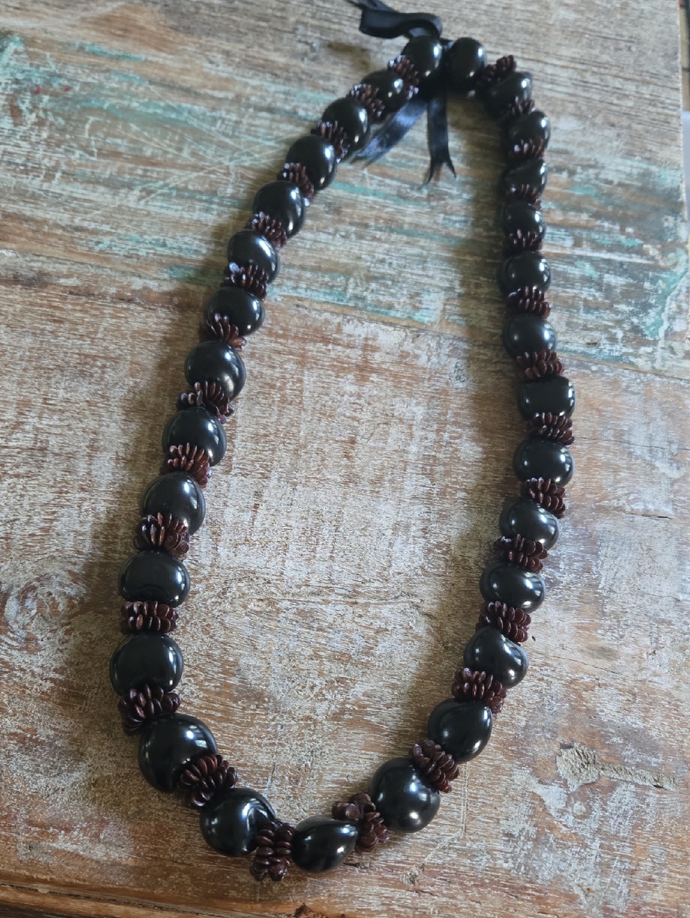 Vintage Hawaiian Kukui Nut & Koa Seed Lei Necklace 32" Ribbon Tie (BIN 010)